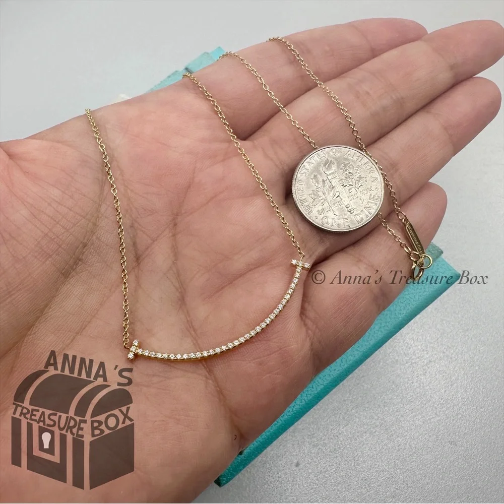 Tiffany & Co. 18K Yellow Gold SMALL T Smile Pendant w/Diamonds 16.5" Necklace - Picture 8 of 9